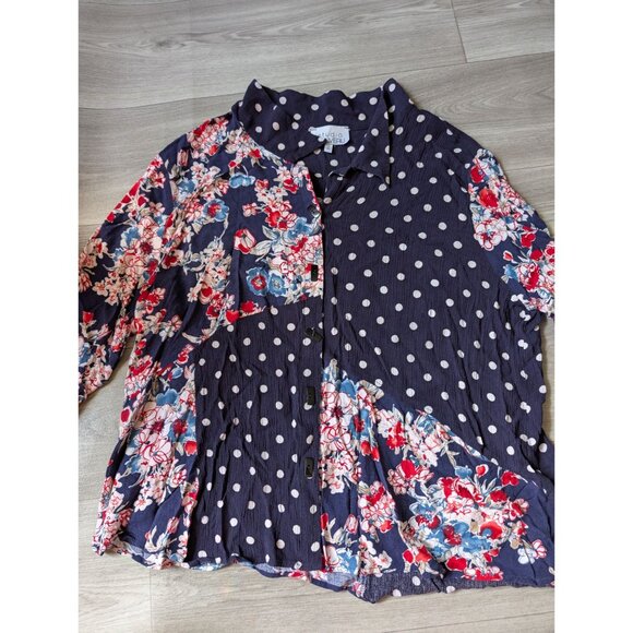 Studio Nouveau Womens 3X Polka Dot & Floral Button-Down Blouse - Picture 6 of 8